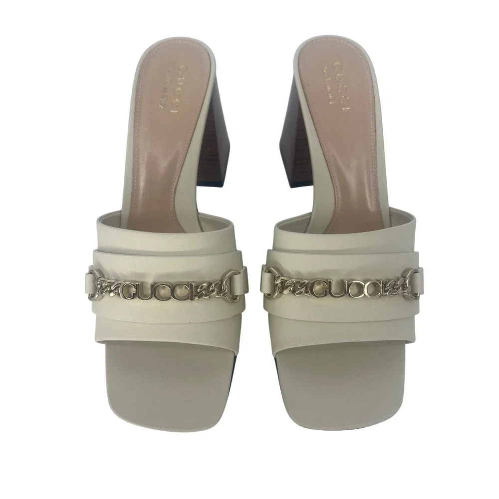 Gucci Signoria Slide Sandals White Leather Chain Heels Size 38